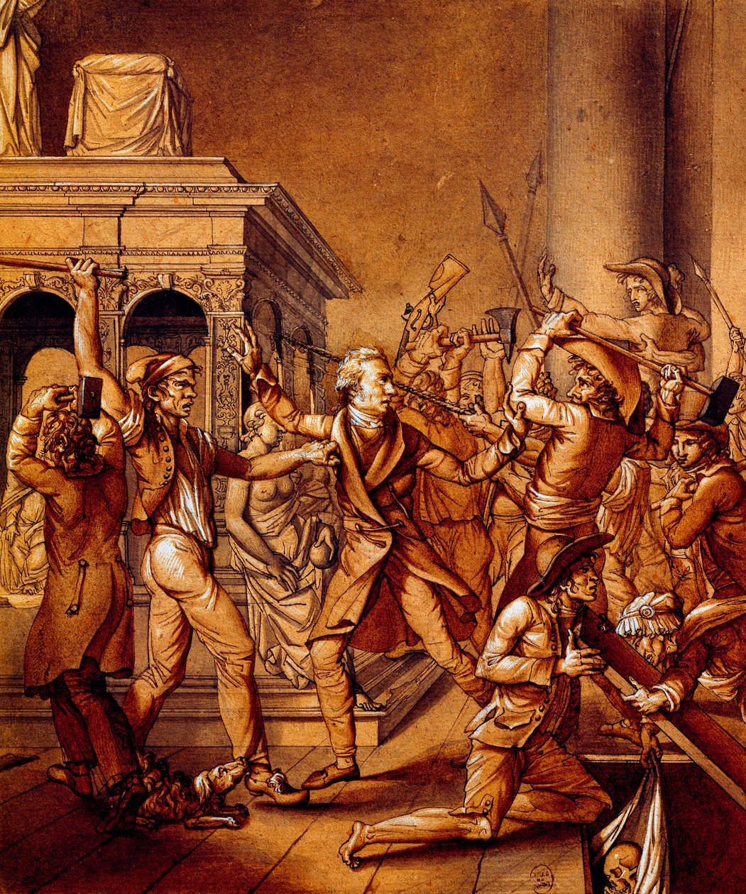 Alexandre Lenoir se opôs aos revolucionários quando eles querem destruir o túmulo do rei francês Luís XII na basílica real de Saint Denis em 1793, na época da revolução francesa de Pierre Joseph Lafontaine