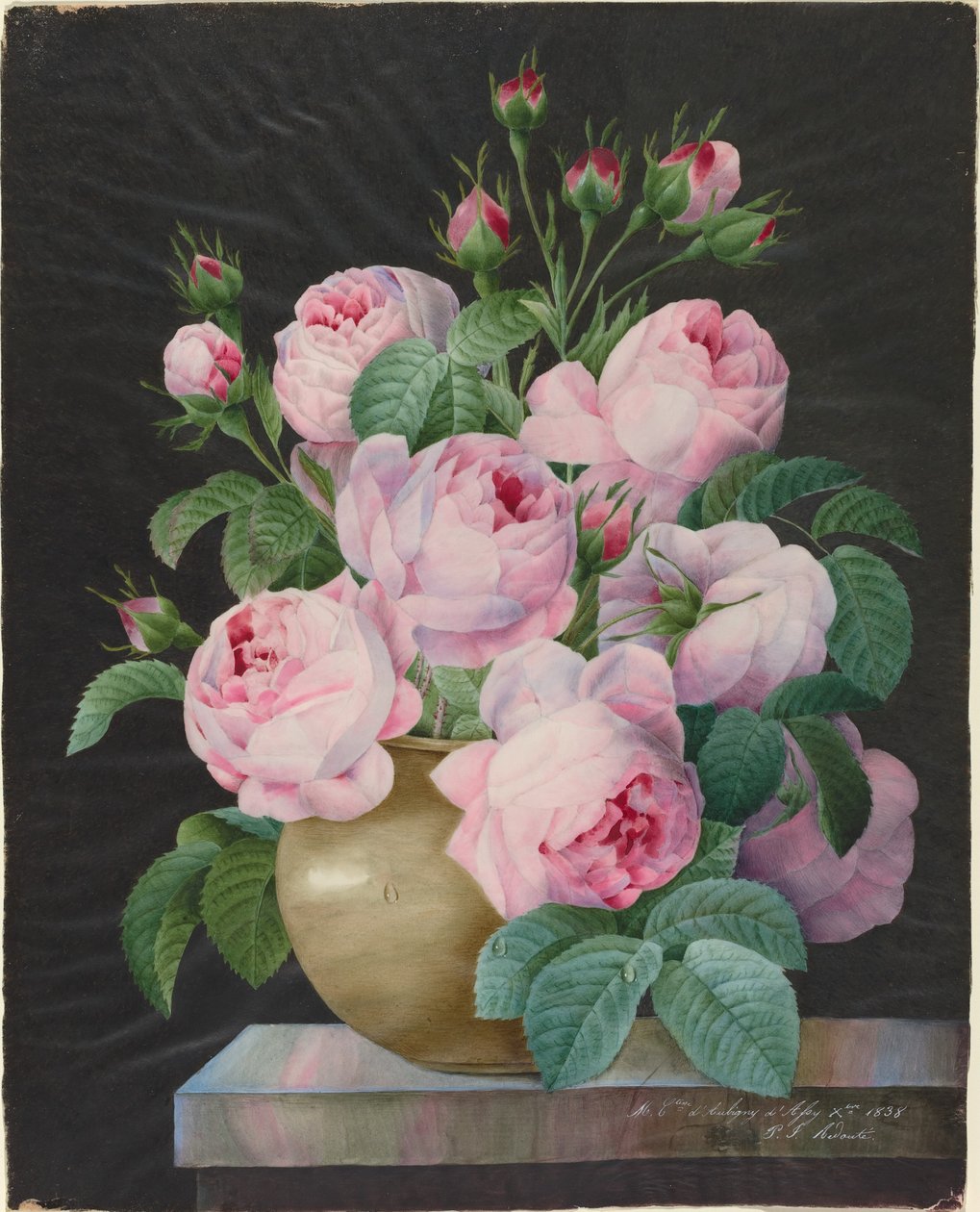 Rosas cor de rosa em um vaso de Pierre Joseph Redouté
