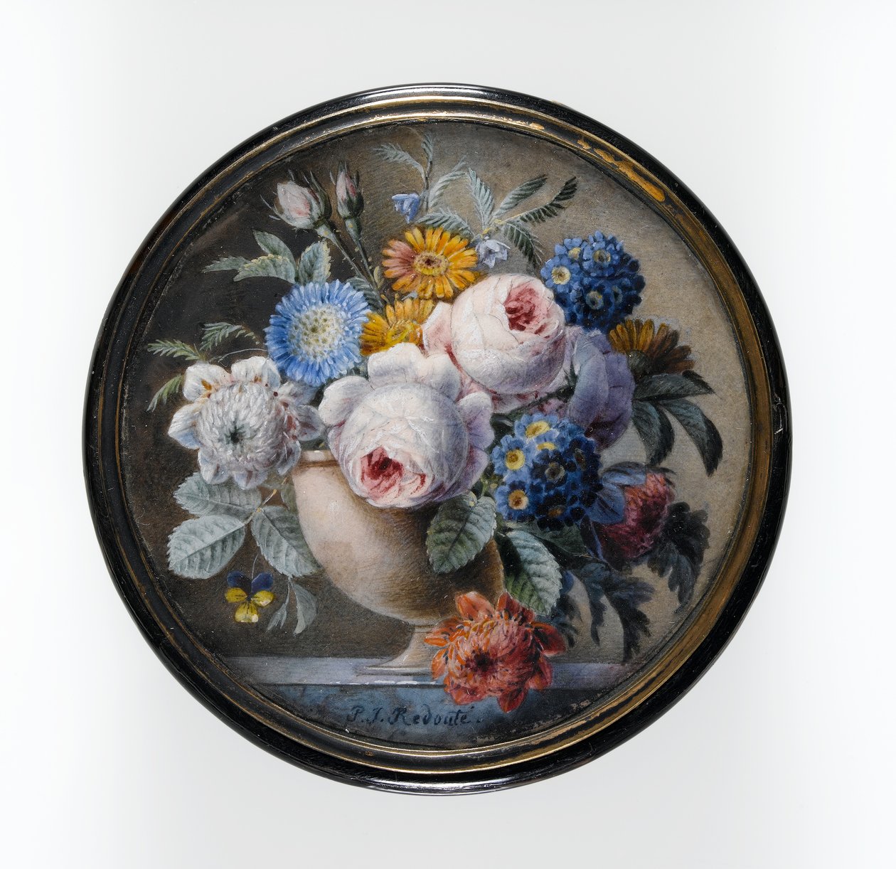 Caixa de Casco de Tartaruga com uma Miniatura de Flores em um Vaso de Pedra sobre uma Laje de Mármore, 1827 (wc e bodycolour no cartão, colocada sob o vidro em um monte de metal dourado) de Pierre Joseph Redouté