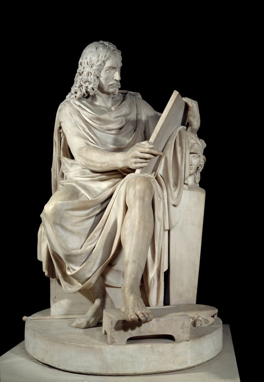 O pintor francês Nicolas Poussin (1594-1660) Escultura em mármore de Pierre Julien (1731-1804) 1804 Sun. 1,64x1,01 m Paris, Musee du Louvre de Pierre Julien
