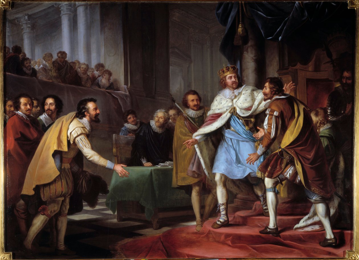 Embaixada de Maximiliano de Bethune, Duque de Sully (1560-1641) no Rei James I Stuart em 1603 O embaixador do Rei de França Henri IV veio negociar com o novo Rei de Inglaterra e chamou-o Hampton Court em 9/09/1603. Pintura de Pierre Lacour (1747 de Pierre Lacour
