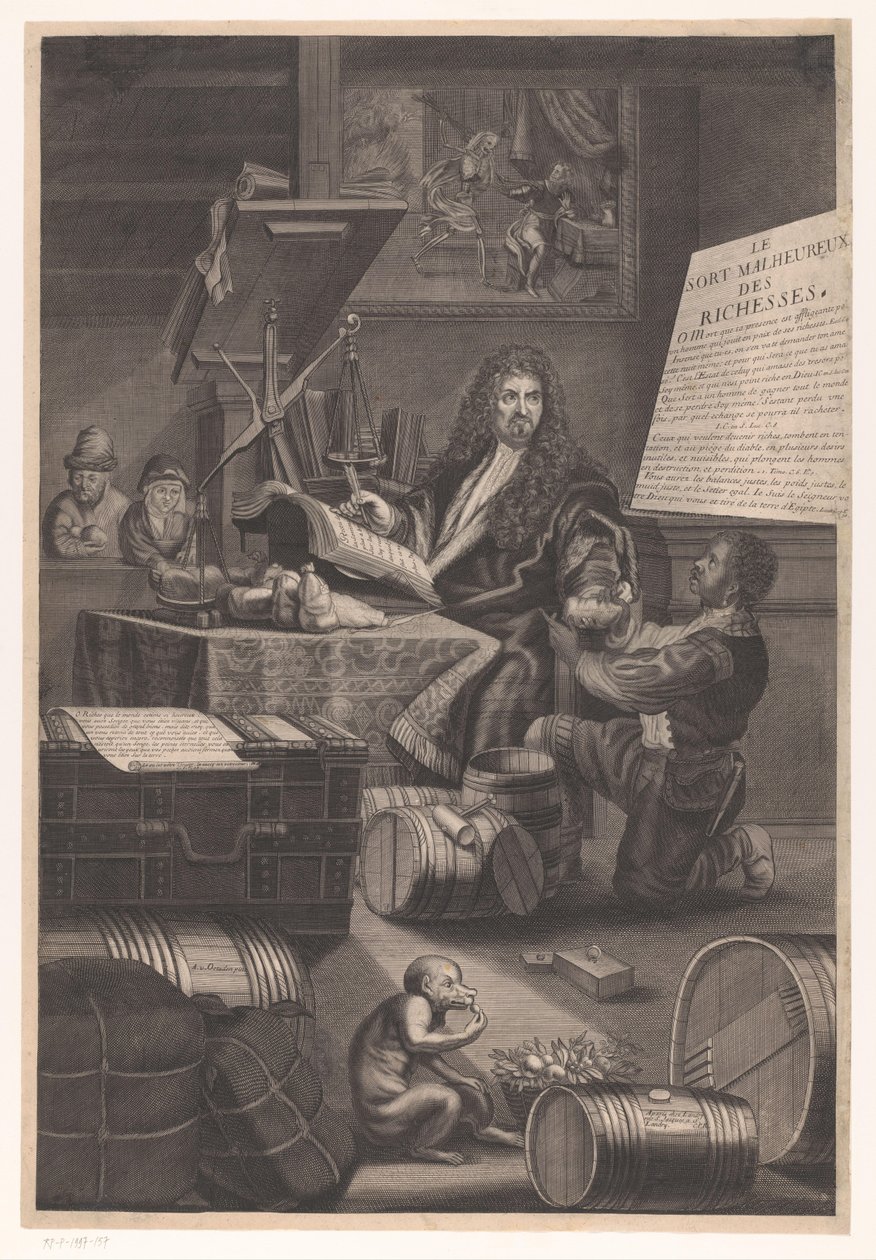 Pesador de ouro com acompanhante com avisos sobre os perigos da riqueza de Pierre Landry (attributed to)