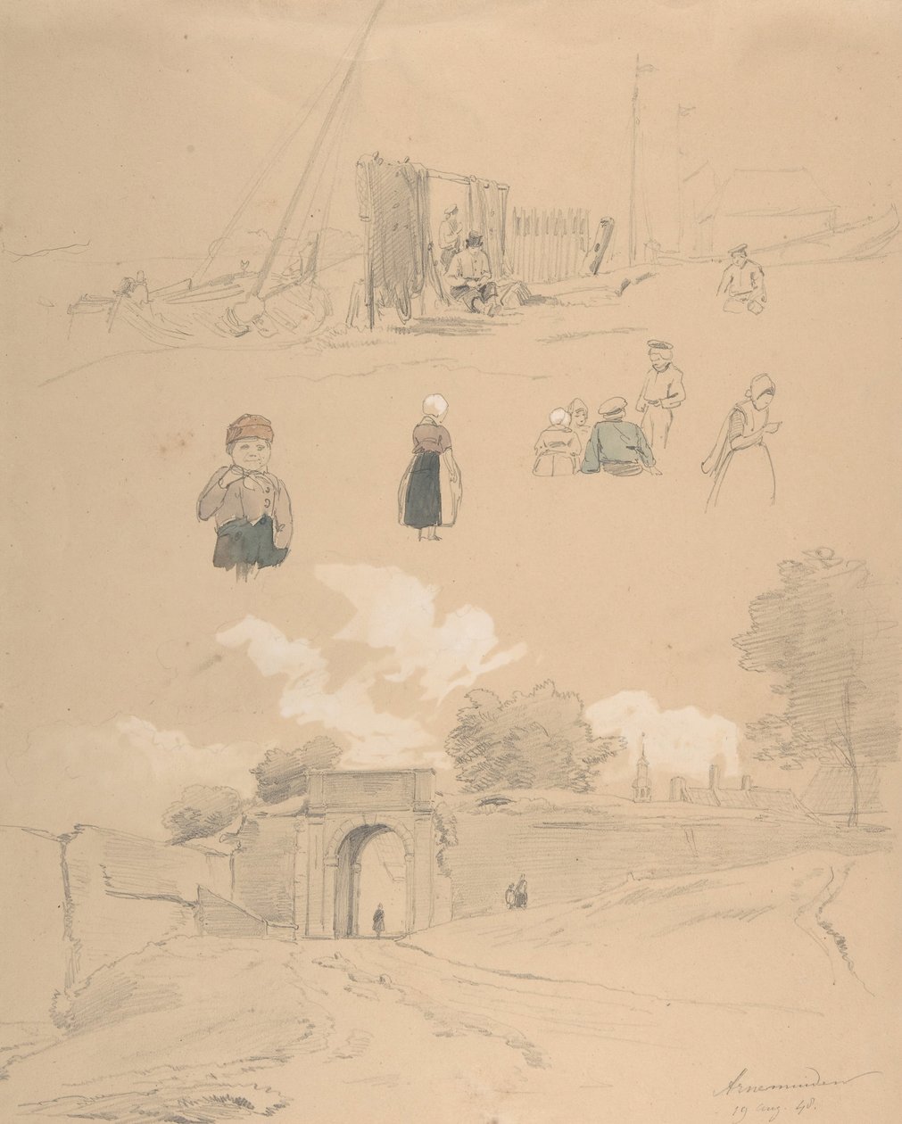 Folha de estudo com figuras e paisagens em Arnemuiden perto de Middelburg..., meados do século XIX. de Pierre Louis Dubourcq
