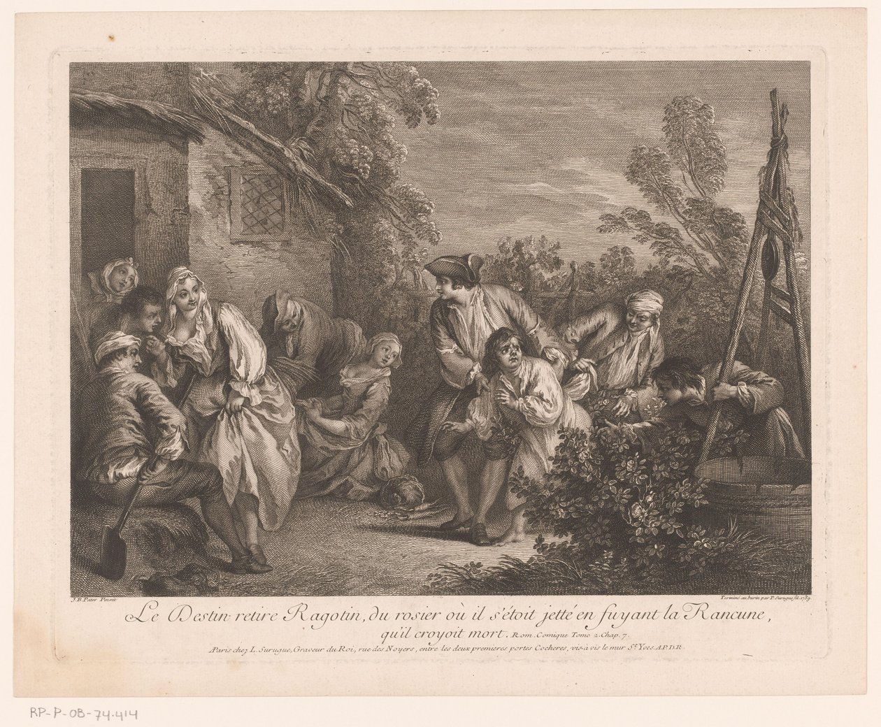 Ragotin gevlucht in een rozenstruik
O destino retira Ragotin do roseiral onde se tinha atirado enquanto fugia de Rancune, que acreditava estar morto
Scènes uit de Roman Comique van Scarron (título da série) de Pierre Louis Surugue