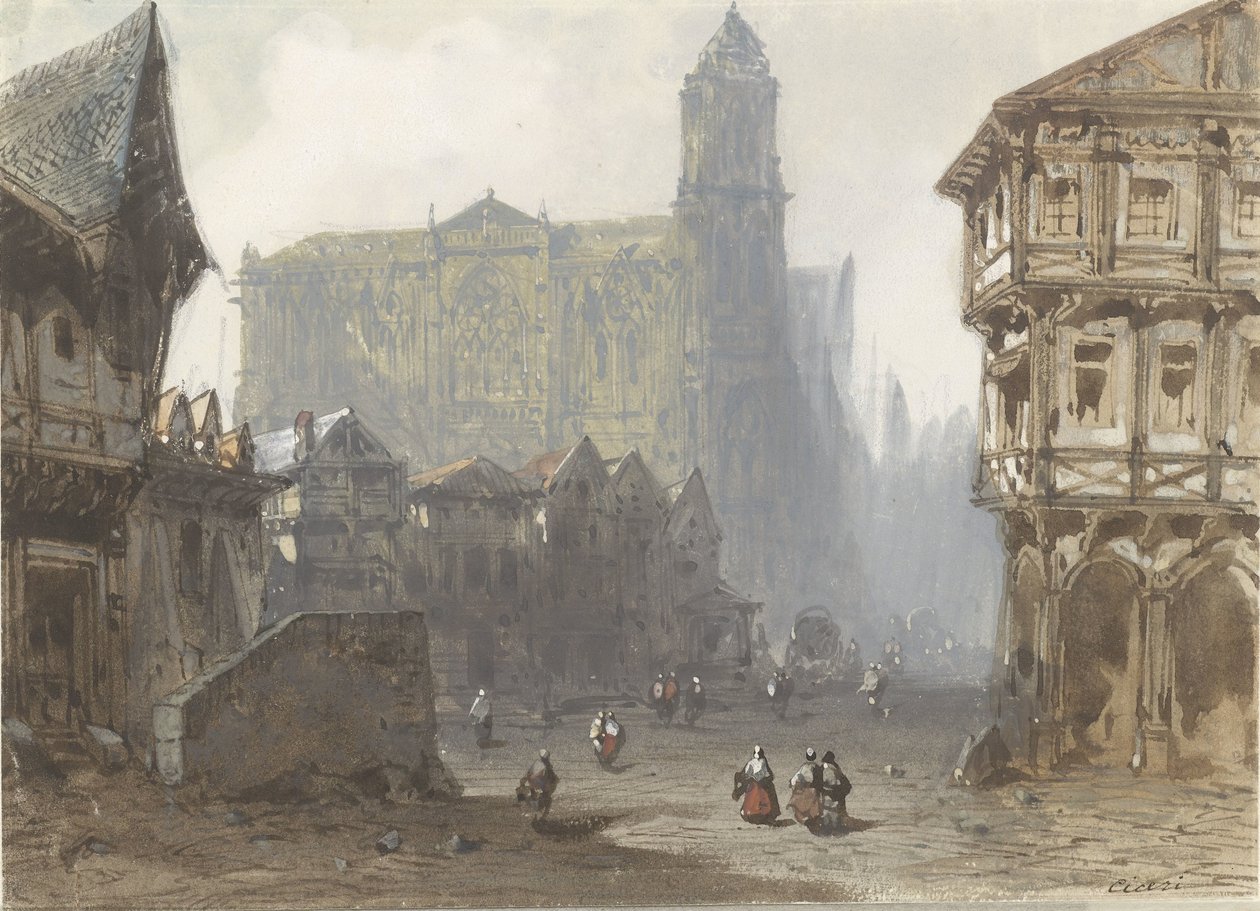 A Praça do Mercado Velho em Rouen de Pierre Luc Charles Ciceri