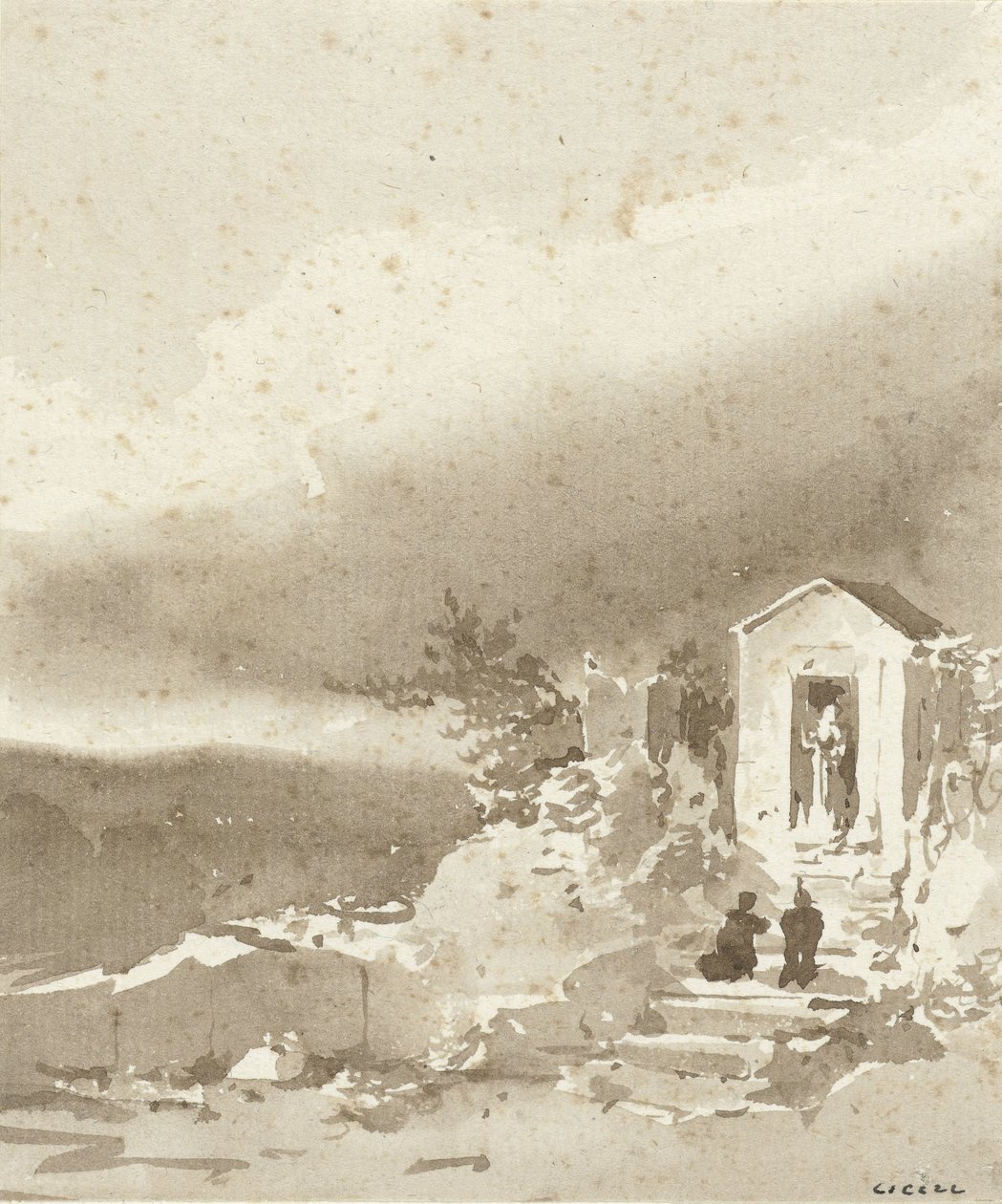 Duas pessoas ajoelhadas nas escadas em frente a uma capela nas montanhas de Pierre Luc Charles Ciceri