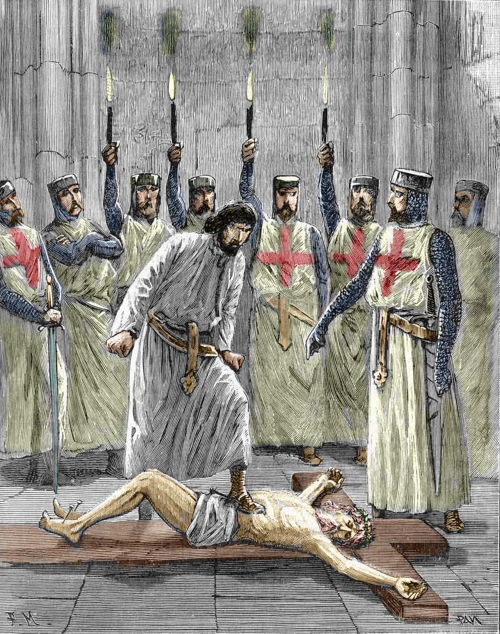 Heresia dos Templários: representação de uma cerimónia de entrada de um cavaleiro na ordem do templo, sendo os Templários, de acordo com as confissões publicadas após a sua prisão e julgamento em 1307, forçados a negar Cristo e a pisar a cruz durante um de Pierre Mejanel