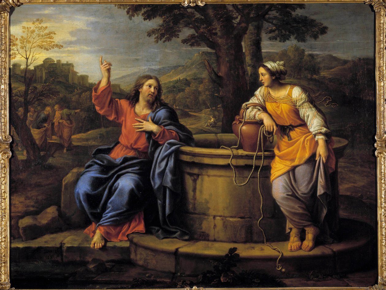 Jesus e o Samaritano Jesus sentado para descansar encontra um samaritano que veio para tirar água e lhe pede para beber. Pintura de Pierre Mignard (1612-1695) Século XVII Raleigh, museu de arte de Pierre Mignard