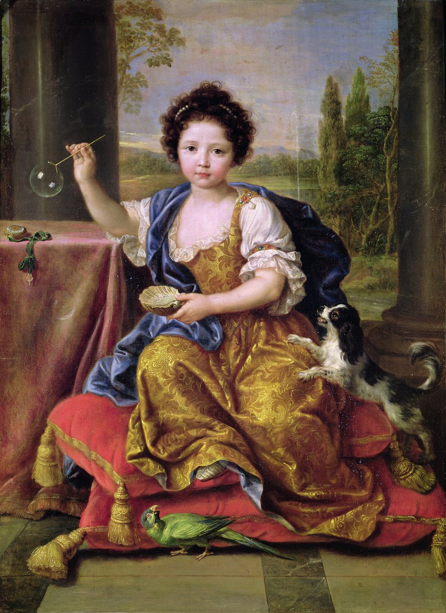 Marie-Anne de Bourbon (1666-1739) Mademoiselle de Blois, Blowing Soap Bubbles (óleo sobre tela) de Pierre Mignard