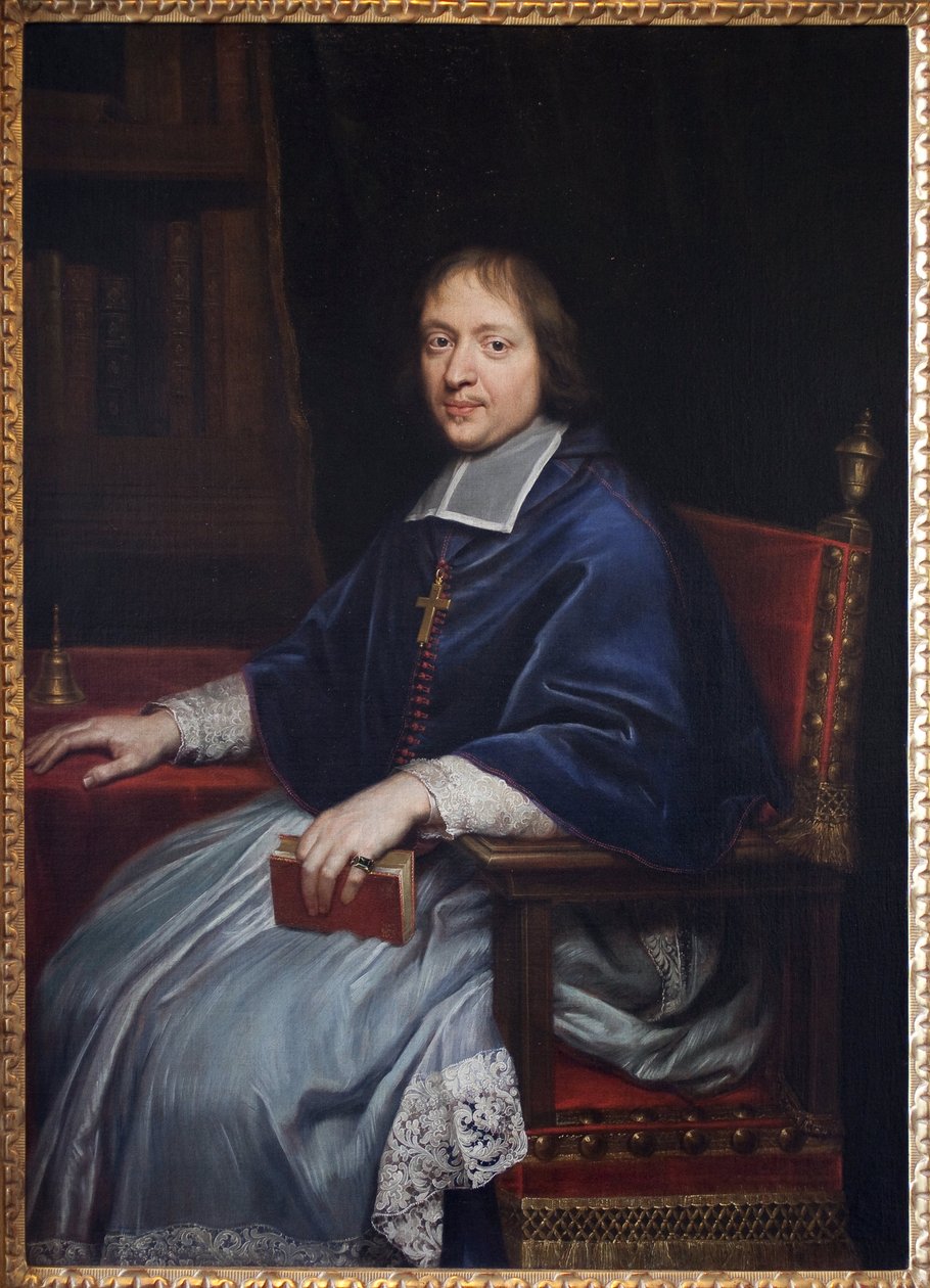 Retrato de Jacques Benigne (Jacques-Benigne) Bossuet (1627-1704), durante a sua primeira nomeação como eveque do Preservativo (Gers), na sua biblioteca. Pintura de Pierre Mignard (1612-1695), óleo sobre tela de Pierre Mignard