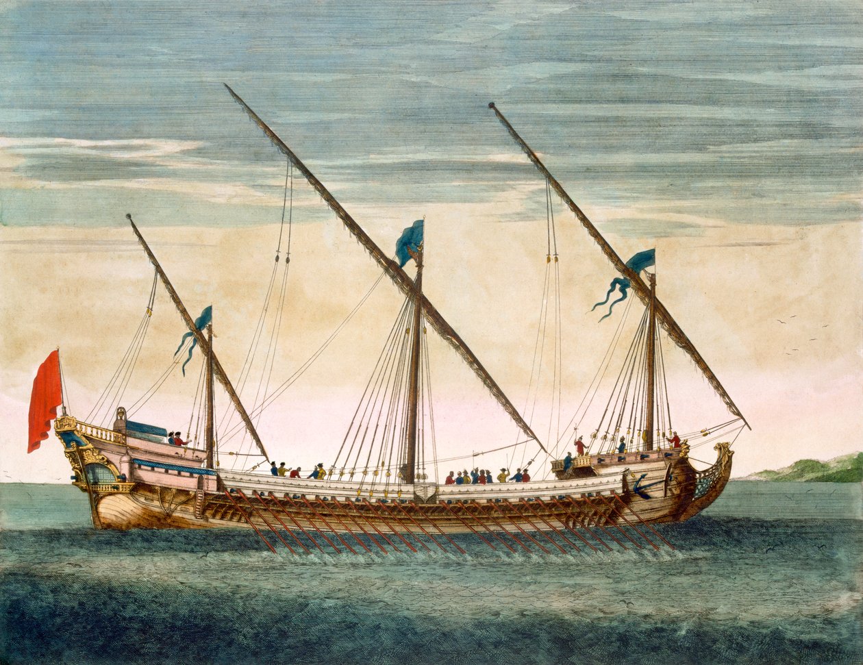 Um Galleass de três mastros em andamento a remo, de Le Naptune François, c.1693-1700 (gravura colorida à mão) de Pierre Mortier