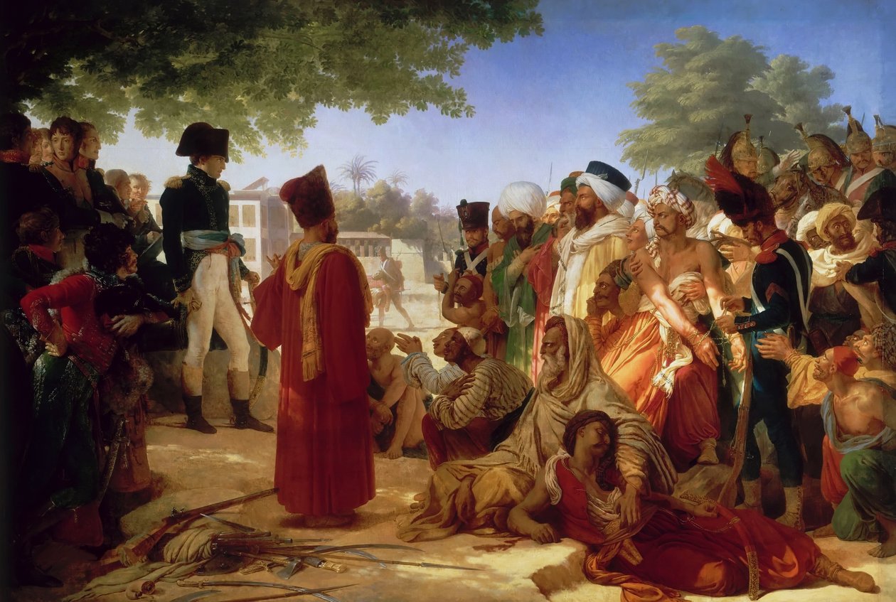 Francês:  Bonaparte fait grace aux revolutes du Caire 23. outubro de 1798 Napoleão Bonaparte perdoa os rebeldes no Cairo, 23 de outubro de 1798 de Pierre Narcisse Guerin