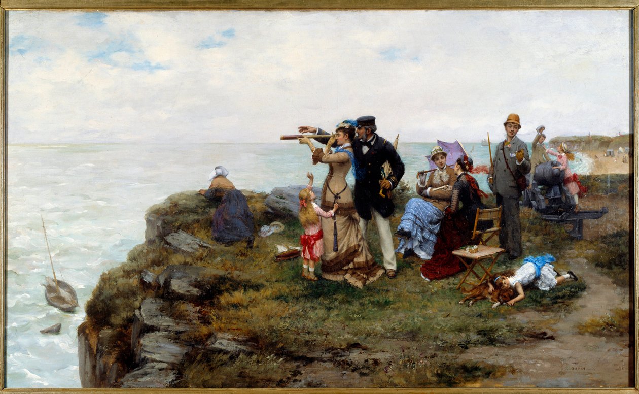 Os Penhascos dos Turistas de Etretat caminhando sobre os penhascos. Pintura de Pierre Otin (1840-1899) 1878 Coleção Privada de Pierre Outin