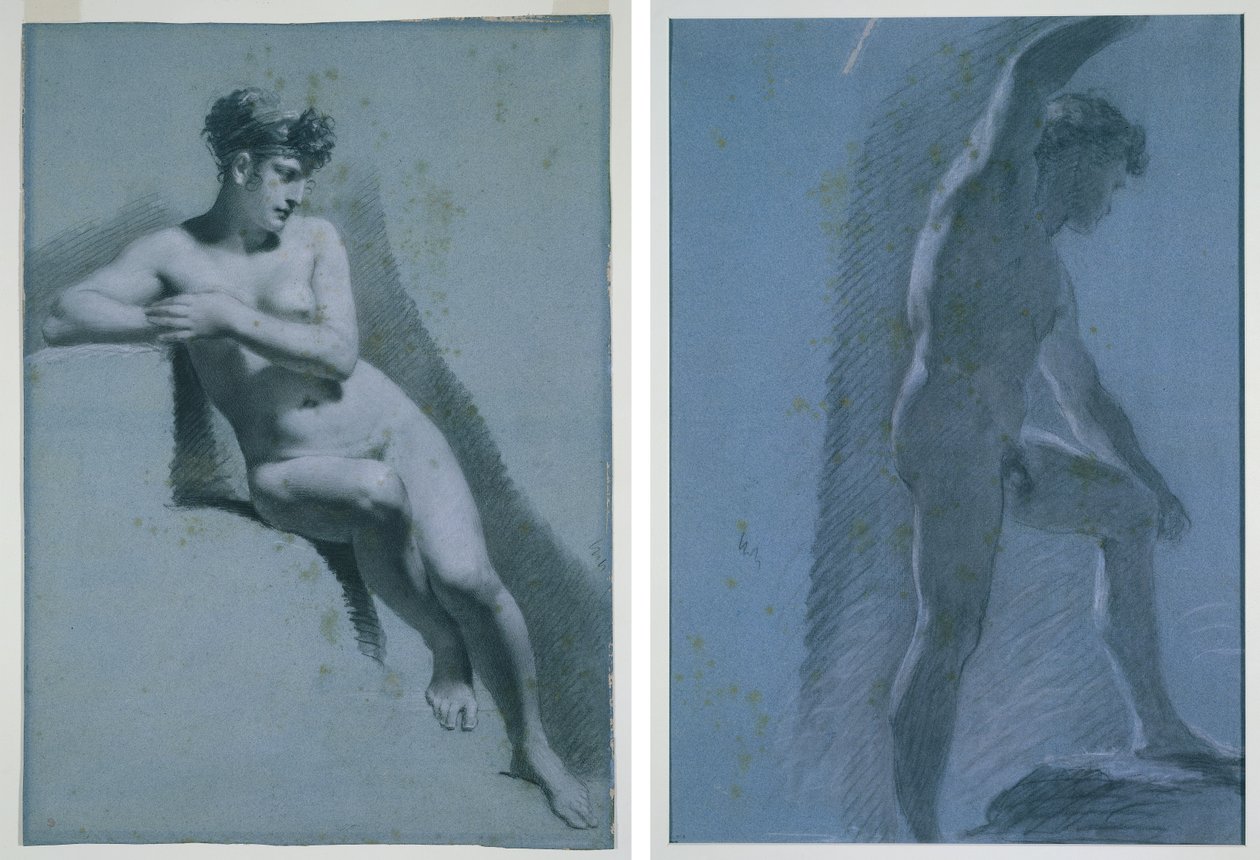 Estudo de uma mulher nua, sentada olhando para a direita (reto) Estudo de um nu masculino (verso) de Pierre Paul Prud