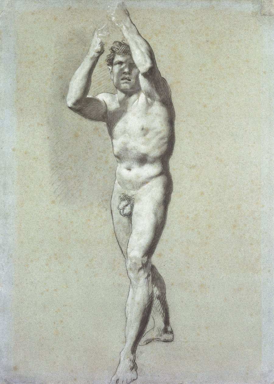 O estudo de um homem, com os dois braços erguidos sobre a cabeça, virou-se ligeiramente para a esquerda; Academia dos Homens, dois braços levantados acima da cabeça, vira ligeiramente para a esquerda, de Pierre Paul Prudhon