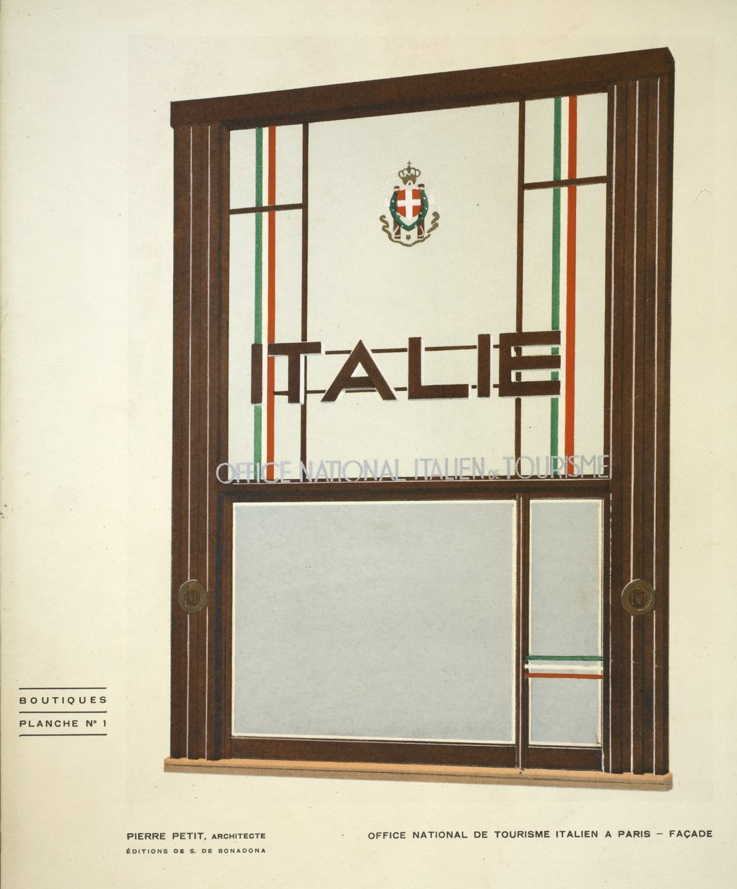 Escritório Nacional de Tourisme Italien Paris, Pierre Petit, Boutiques, Henry Delacroix, Edições S De Bonadona, Paris, final dos anos 1920, Pochoir de Pierre Petit