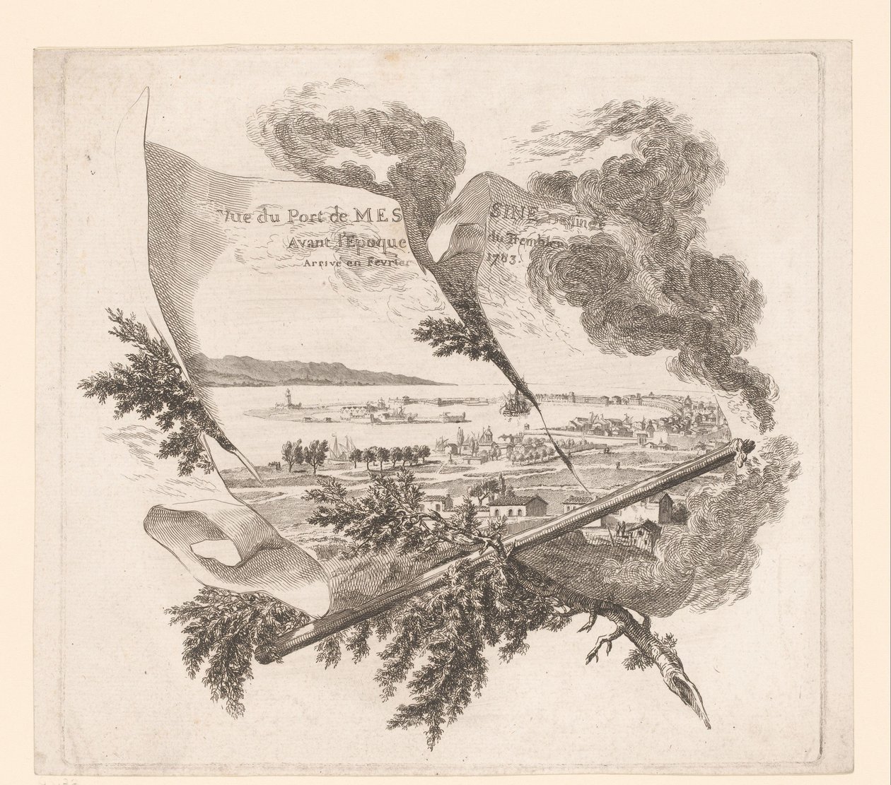 Zicht op de paraíso de Messina Vista do Porto de Messina Desenhada Antes da Hora do Terremoto Chegada em fevereiro de 1783. (título no objeto) de Pierre Philippe Choffard (attributed to)
