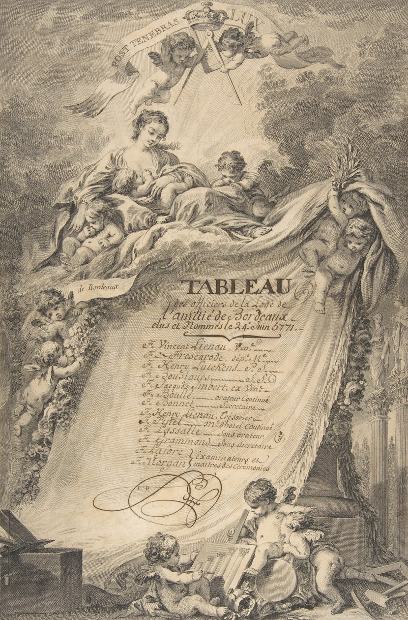 Diploma para os maçons de Bordeaux, depois de François Boucher, 1766. de Pierre Philippe Choffard