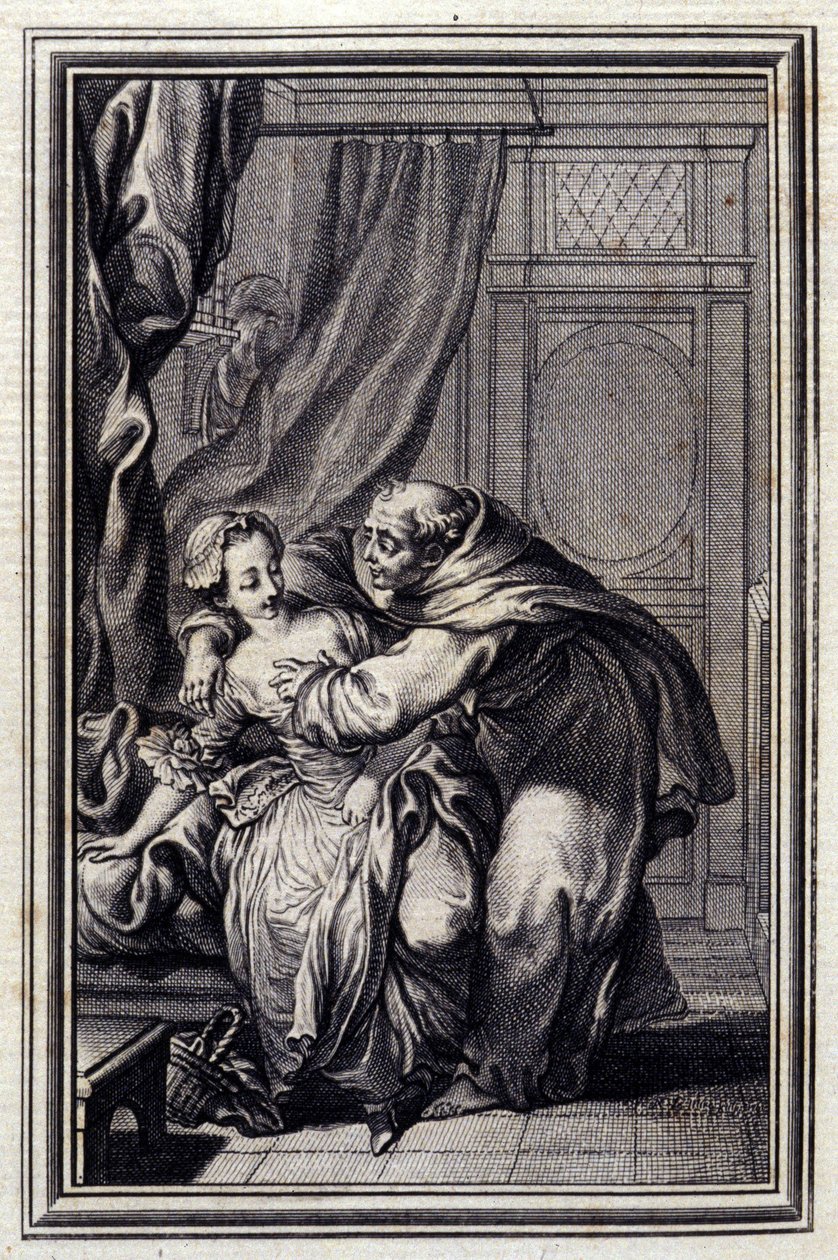 Como o espírito chega às meninas. em "Tales et nouvelles en verse", de Jean La Fontaine. 1776. Ilustração de P.P. Choffard. de Pierre Philippe Choffard