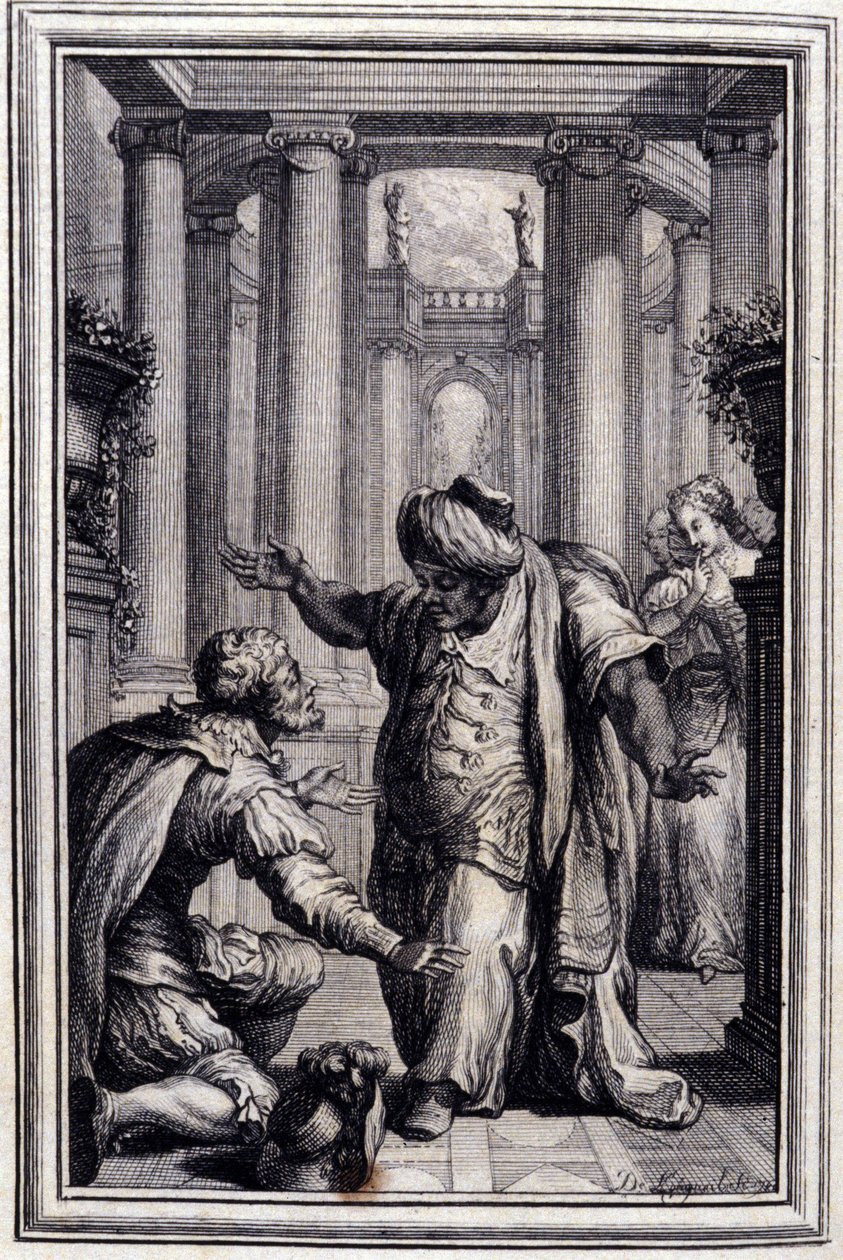 O pequeno Cão que atira dinheiro e pedras - em "Contos e contos em verso", de Jean La Fontaine. 1776. Ilustração de P.P. Choffard. de Pierre Philippe Choffard