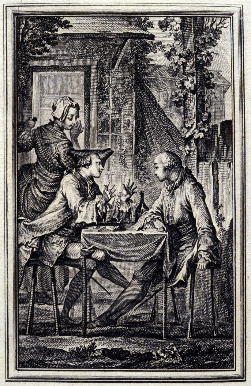 o auricultor ou o mexilhão raccomoder. Em "Tales et nouvelles en vers" de Jean de La Fontaine, Amsterdam 1776. ilustrado por P.P.Choffard. de Pierre Philippe Choffard