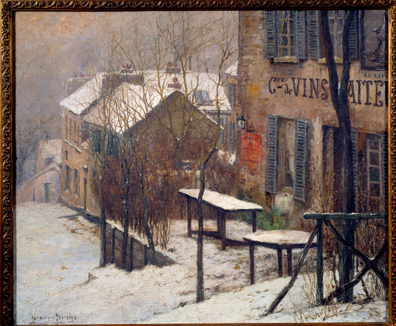 O cabaré no Rabbit Agile em Montmartre em 1890. Vista de Paris sob a neve no inverno. Pintura de Pierre Prins (1838-1913) de Pierre Prins