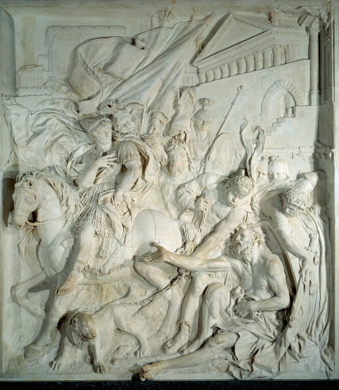 Alexandre o Grande (356 AC-323 AC) encontra o filósofo grego Diogene o Cínico (413 AC-327 AC) em seu barril" Bas relief marble de Pierre Puget (1620-1694) 1693. Da Salle des cent Suisse (Louvre). Paris, Museu do Louvre de Pierre Puget