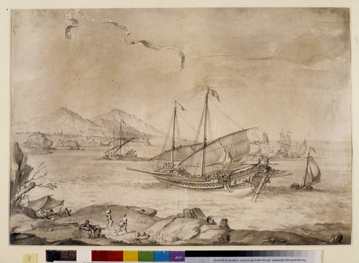 Navios no porto de Marselha - com o cartucho (desenho) de Pierre Puget