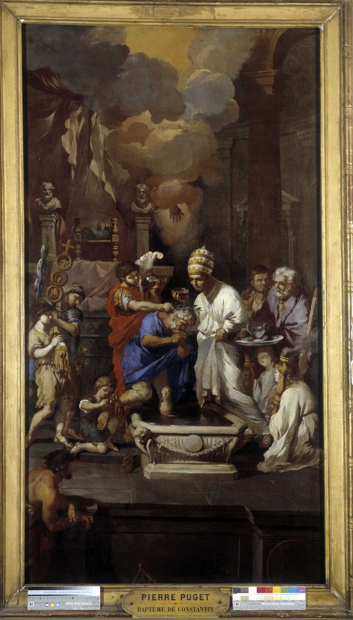 O baptismo de Constantino: O Imperador Caio Flávio Valério Aurélio Constantino recebe o sacramento do Papa Silvestre I (Santo), na Basílica de São João de Latrão, em Roma. de Pierre Puget