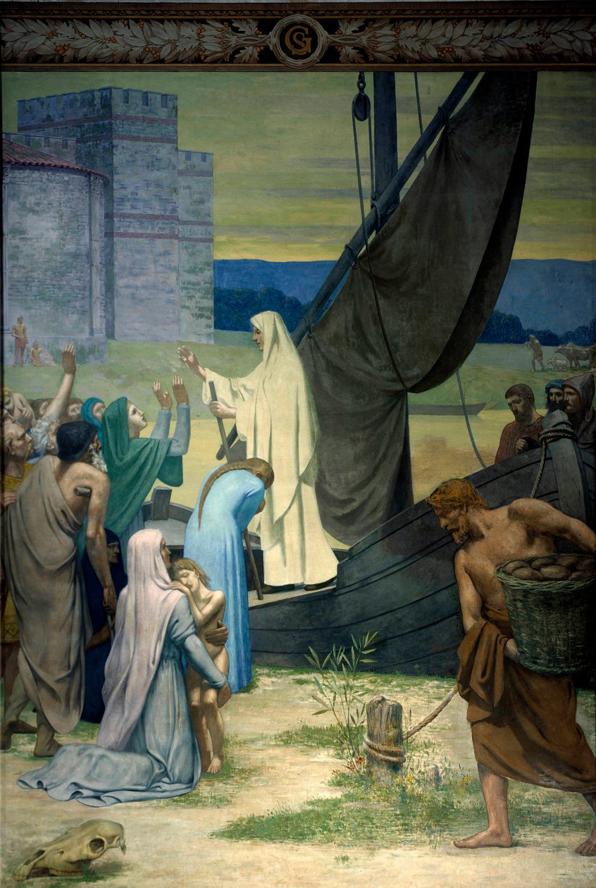 Sainte Genevieve fornece aos parisienses sitiados pelo exército de Átila, rei dos hunos. Fresco por Pierre Puvis De Chavannes (1824-1898) Paris do século XIX. Pantheon de Pierre Puvis de Chavannes