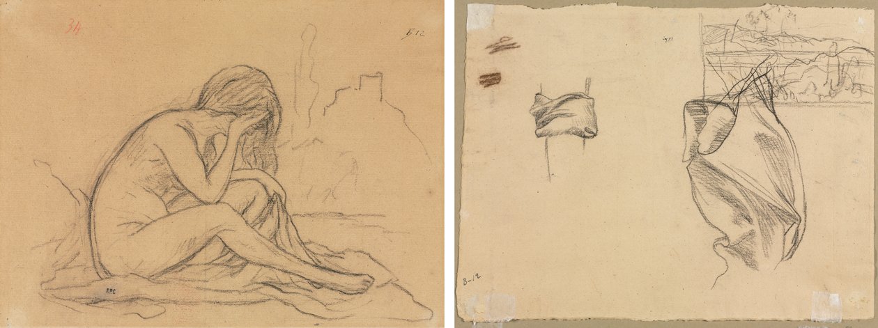 Estudo de um Nu Feminino (possivelmente para uma pintura alegórica não realizada) (reto); Estudos de Cortinas e Estudo de uma Paisagem (verso) de Pierre Puvis de Chavannes