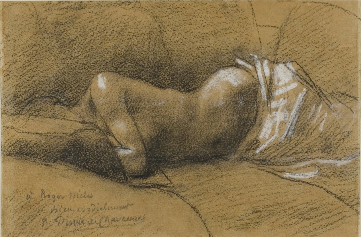 Estudo de uma Mulher Adormecida, c.1867 (lápis de cera preto de conté, aumentado com pastel branco, em papel tecido bronzeado, deitado em cartão creme) de Pierre Puvis de Chavannes