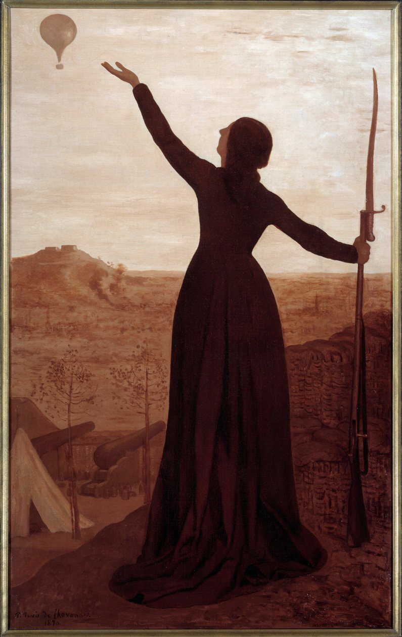A bola. Inscrição na moldura: "A cidade de Paris investe confia ao ar a sua chamada para a França". Uma mulher segurando uma baioneta mostra um balão no céu. Pintura de Pierre Puvis De Chavannes (1824-1898) de Pierre Puvis de Chavannes