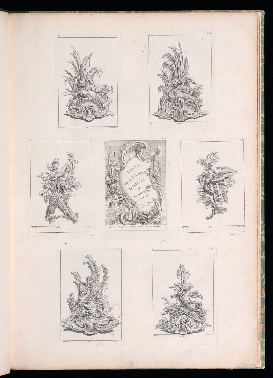 Desenho de ornamento com dois pássaros mortos deitados no galho de acanto, da Livre de Legumes de Pierre Quentin Chedel