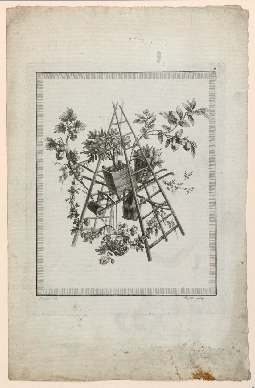 Troféu com Instrumentos de Jardinagem, Placa 2 da "Suíte de Diferentes Atributos, Troféus e Grupos de Flores", Suíte II de Pierre Ranson