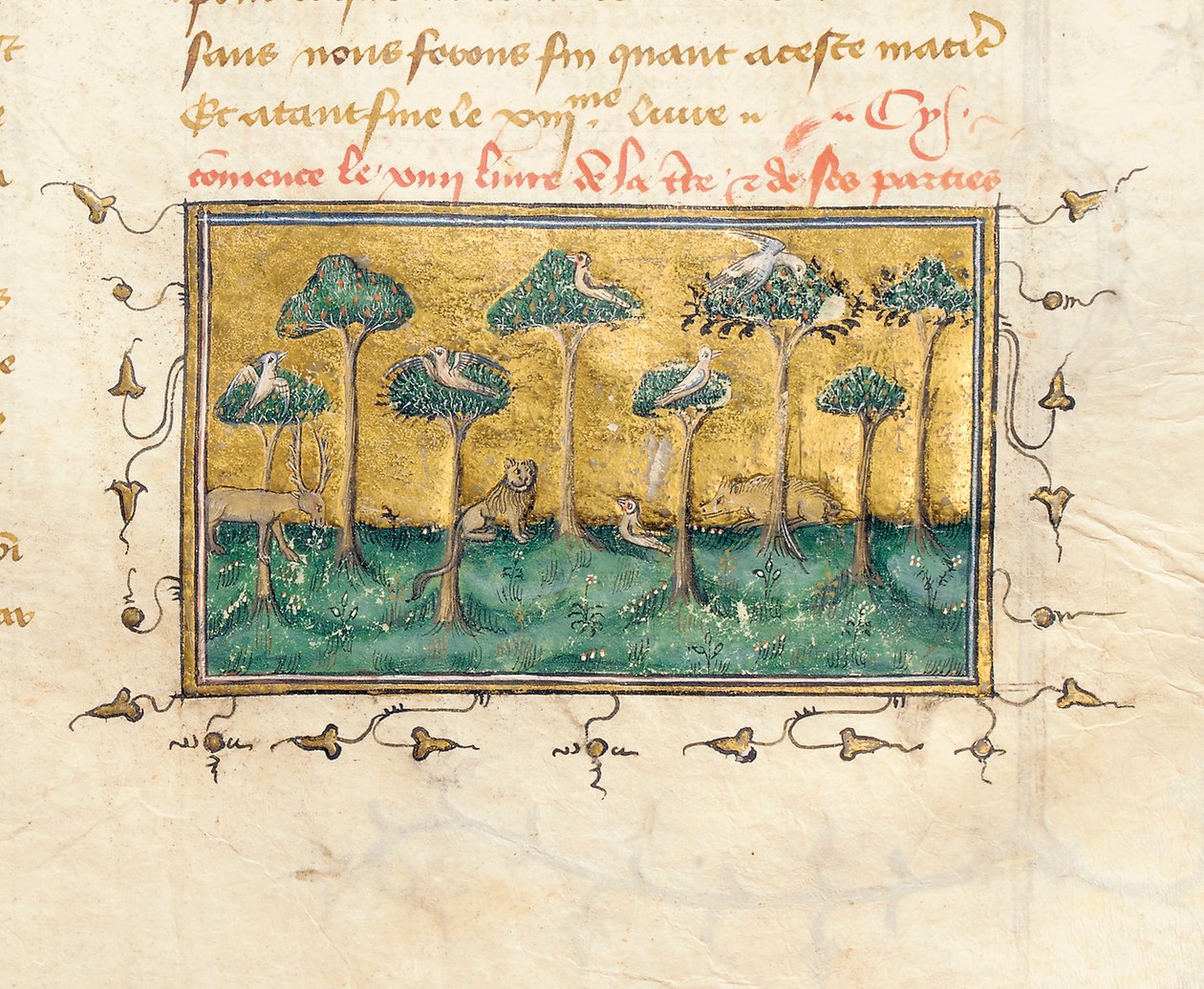 Detalhe de uma página de "De Proprietatibus Rerum", de Bartholomeus Anglicus, na tradução francesa de Jean Corbechon, c.1390 de Pierre Remiet