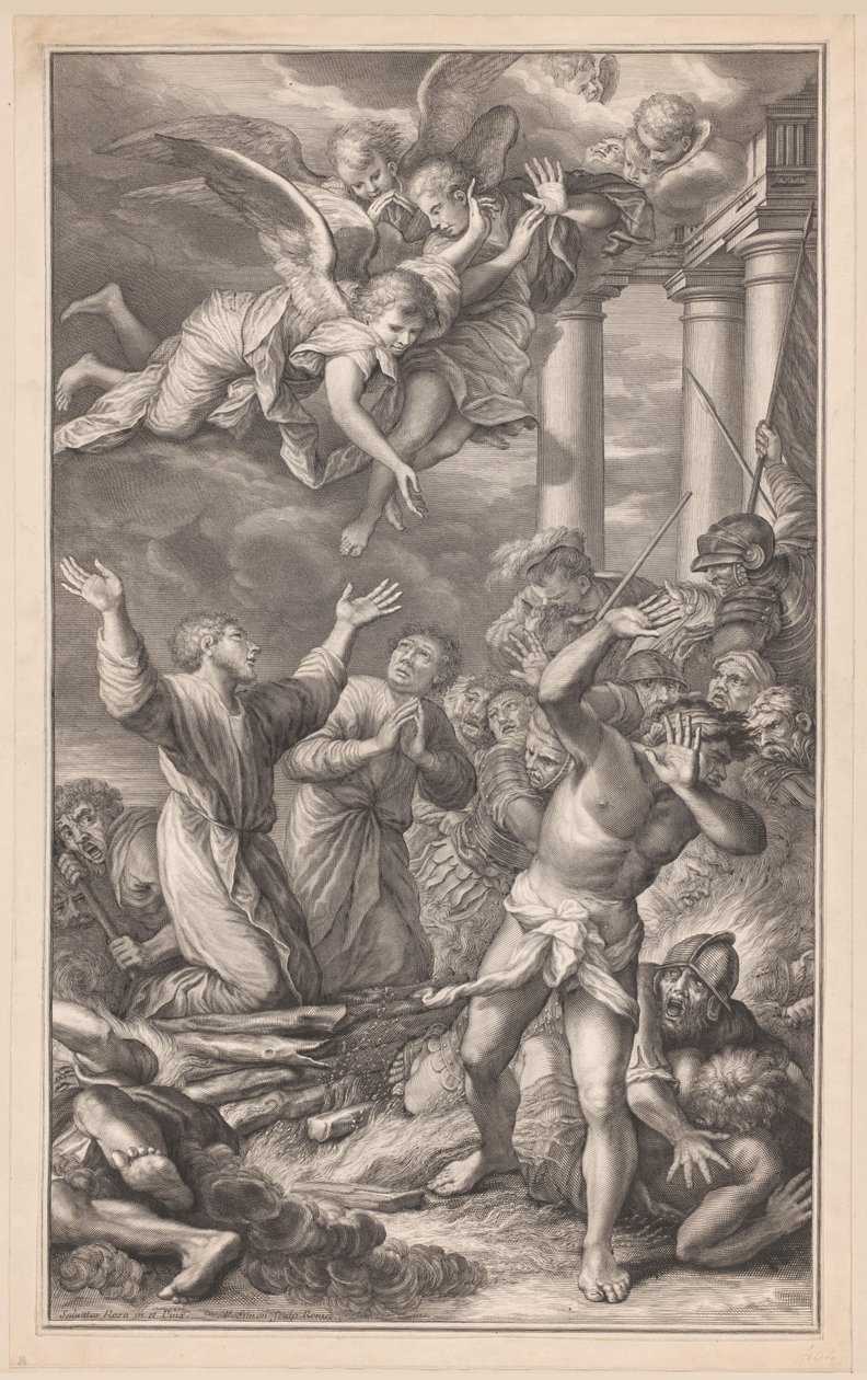Cosmas e Damian na fogueira, rodeados de soldados e anjos de Pierre Simon (I)