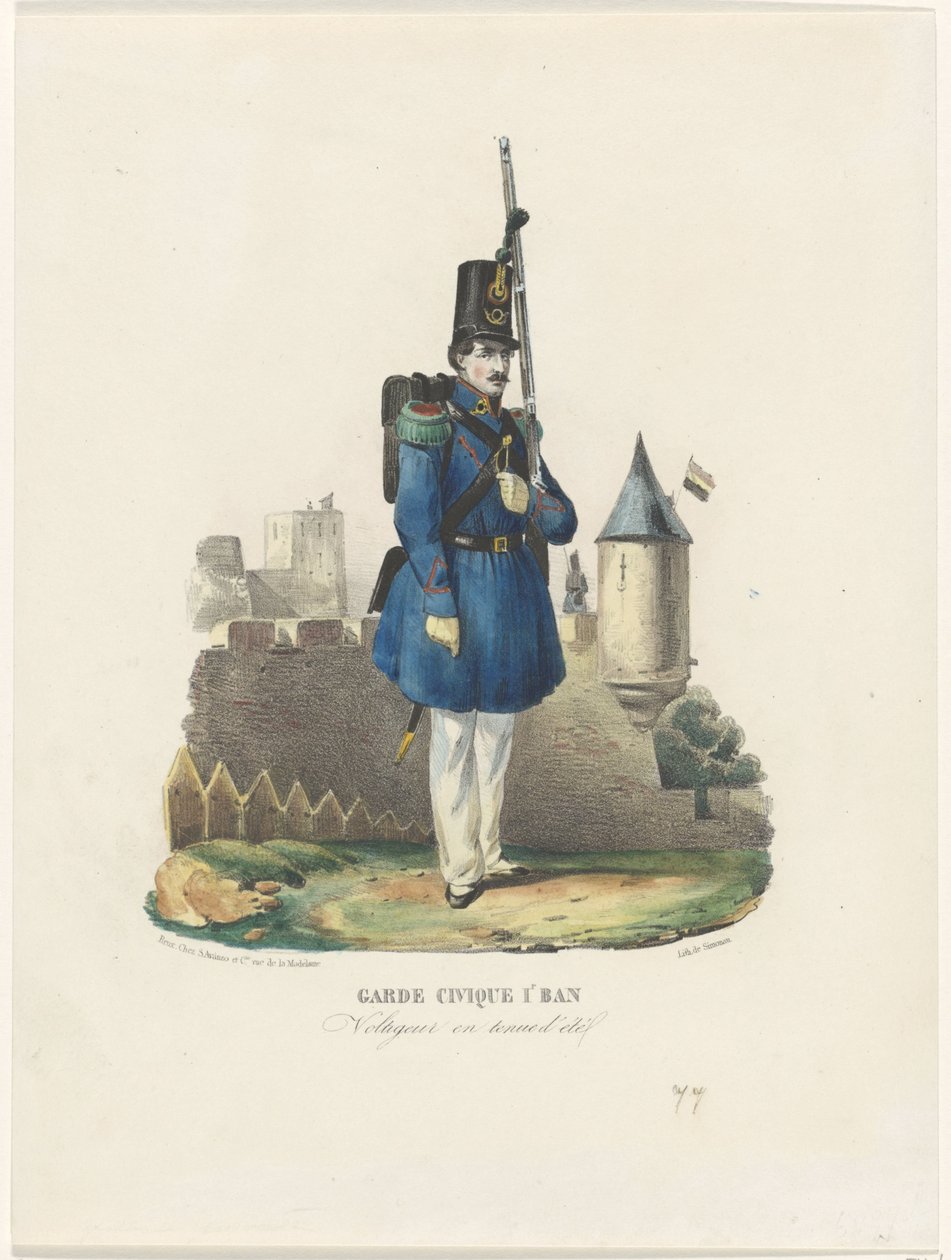 Guarda civil belga em guarda, 1830
Garde Civique 1r Ban / Voltigeur en tenue d