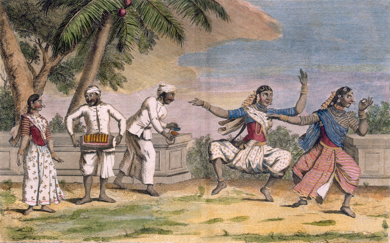 Uma trupe de Bayaderes, ou dançarinas indianas, com músicos do sexo masculino, ilustração de "Viagem às Índias e à China", gravada por Poisson, 1782 (gravura a cores) de Pierre Sonnerat