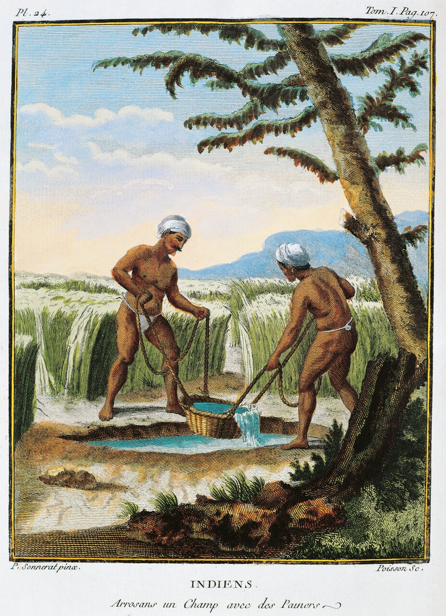 Índia, nativos irrigando campos, de Voyage aux Indes et la Chine (Viagem pela Índia e China) por Pierre Sonnerat de Pierre Sonnerat