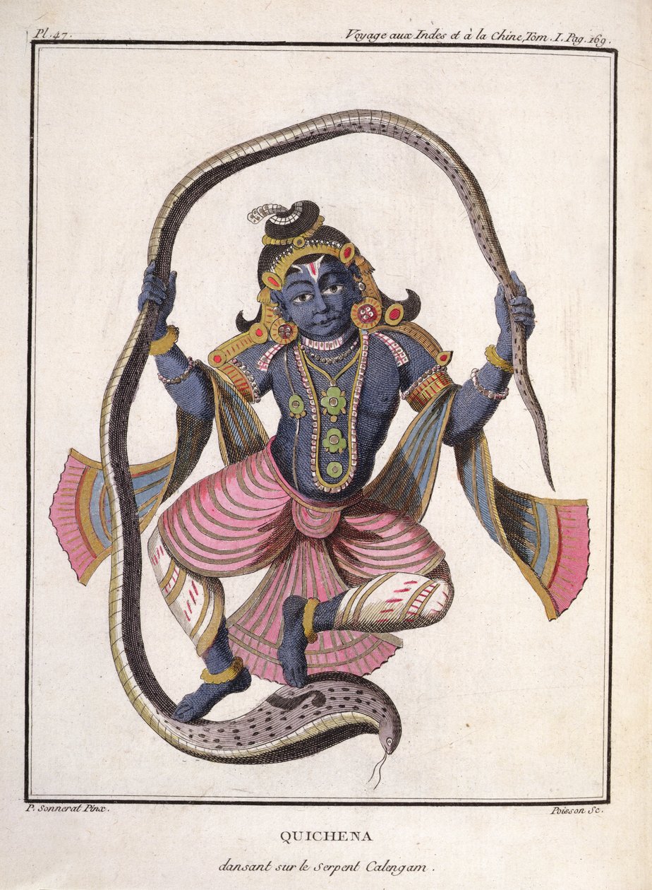 Krishna dançando na Kaliya Snake, de &39;Journey to India and China&39; de Pierre Sonnerat, gravado por Poisson, publicado em 1782 de Pierre Sonnerat