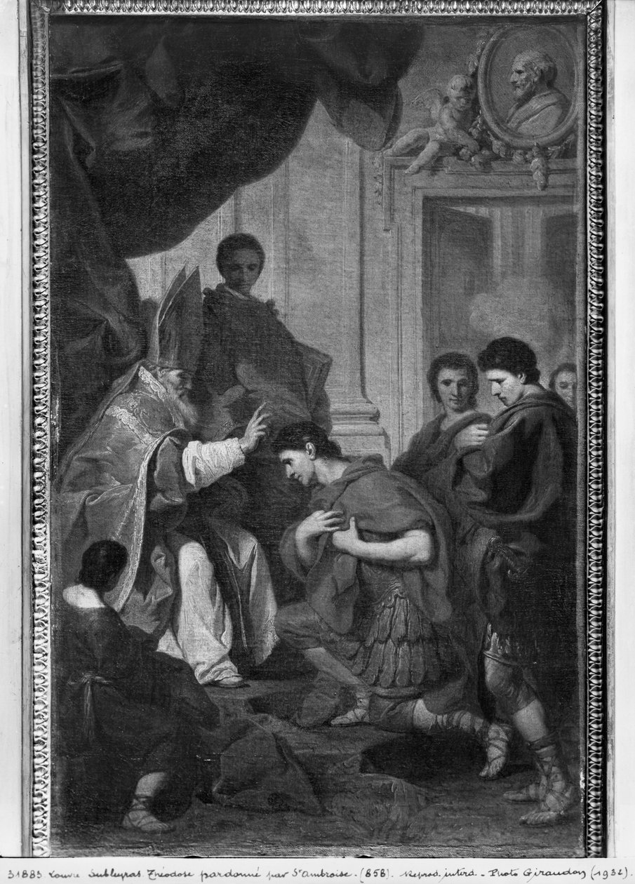 Imperador Teodósio I, o Grande, recebendo o perdão de Santo Ambrósio, arcebispo de Milão, c.1745 de Pierre Subleyras