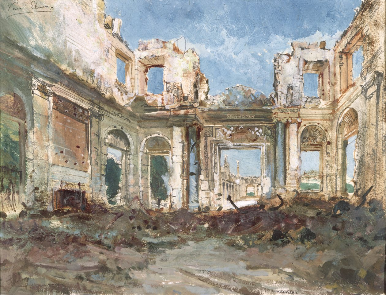 O Chateau de Saint-Cloud após o incêndio (wc no papel) de Pierre Tetar van Elven
