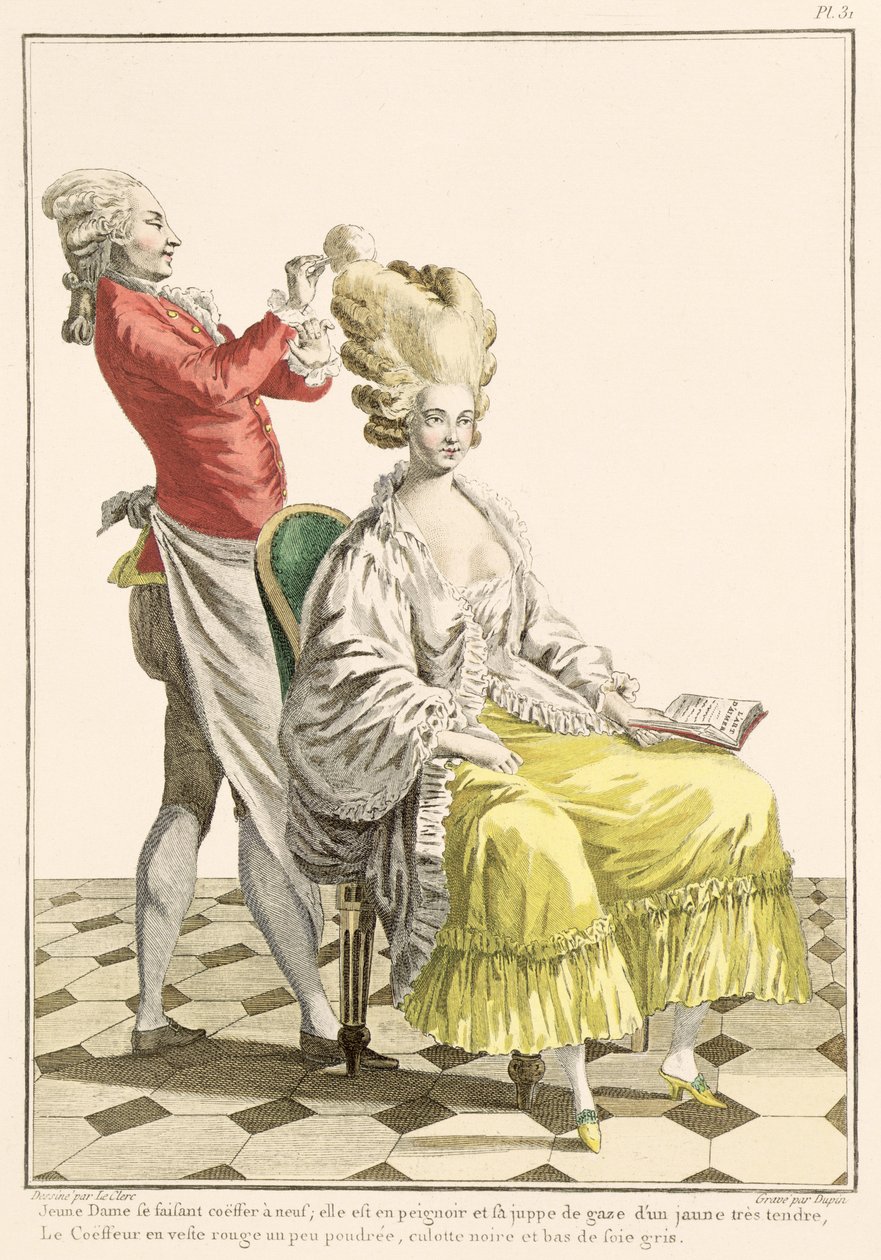 Uma jovem mulher em um Peignoir com seu cabeleireiro, placa 31 de &39;Galerie des Modes et trajes Francais&39;, gravada por Dupin, 1778 de Pierre Thomas Le Clerc