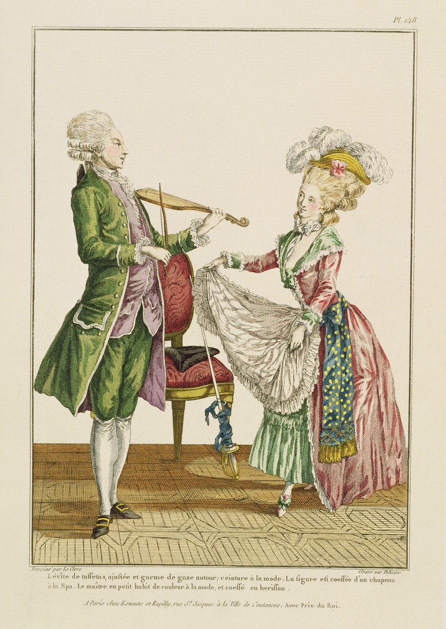 Um cavalheiro tocando violino enquanto uma dama dança, gravado por J. Pelicier, c.1780-90 de Pierre Thomas Le Clerc