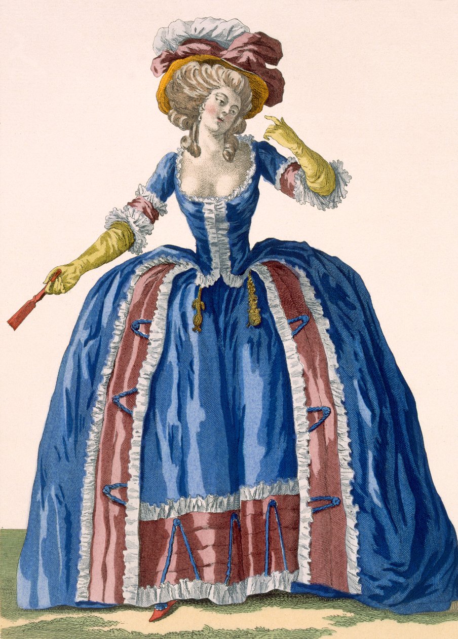 Vestido em estilo inglês, em azul eléctrico, com rebordos bordados a borro, gravado por Bacquoy, prato no.182 da Galeries des Modes et Costumes Francais, c.1778-87 99: vestuário; de Pierre Thomas Le Clerc