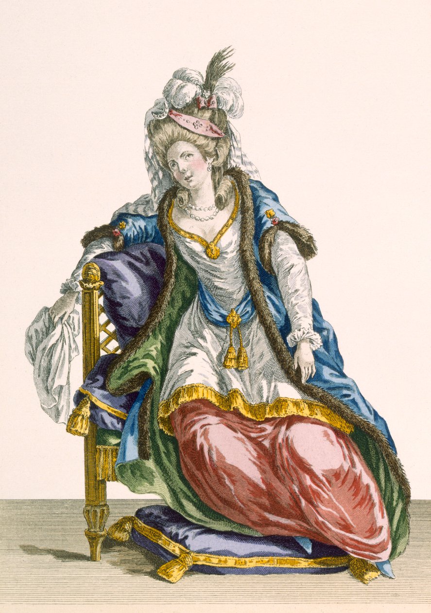 Senhora "Hábito à Sultão", gravada por Patas, placa nº 107 de "Galeries des Modes et Costumes Francais", c.1778-87 99: vestuário; vestido tradicional; traje tradicional; moda; Eu de Pierre Thomas Le Clerc