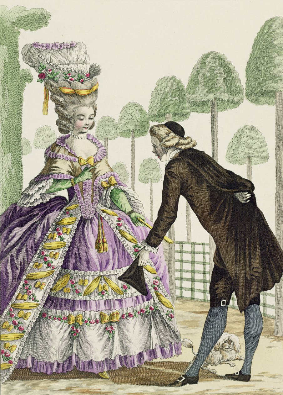 Senhora de vestido lilás Promenades nos jardins do Palais Royal, prato 13 de "Galerie des Modes et Costumes Francais", gravado por Etienne Claude Voysard (1746-1812) 1778 de Pierre Thomas Le Clerc