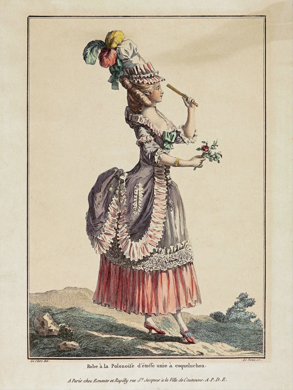 Vestido polonês de tecido liso com coqueluchon - Obra de Pierre Thomas Le Clerc (1739-1796), gravura e aquarela, extraída da Gallerie des modos et costumes français de Pierre Thomas Le Clerc