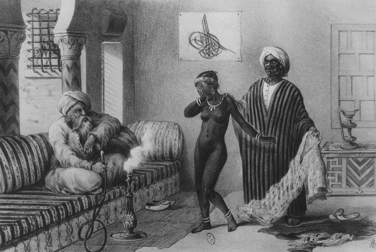 Uma jovem garota de Timbuktoo sendo oferecida por um mestre escravo em Trípoli em 1854, de "Viagens ao sul e à terra" Afrique Septentrionale ", gravada por A. Adam, 1850 de Pierre Tremaux